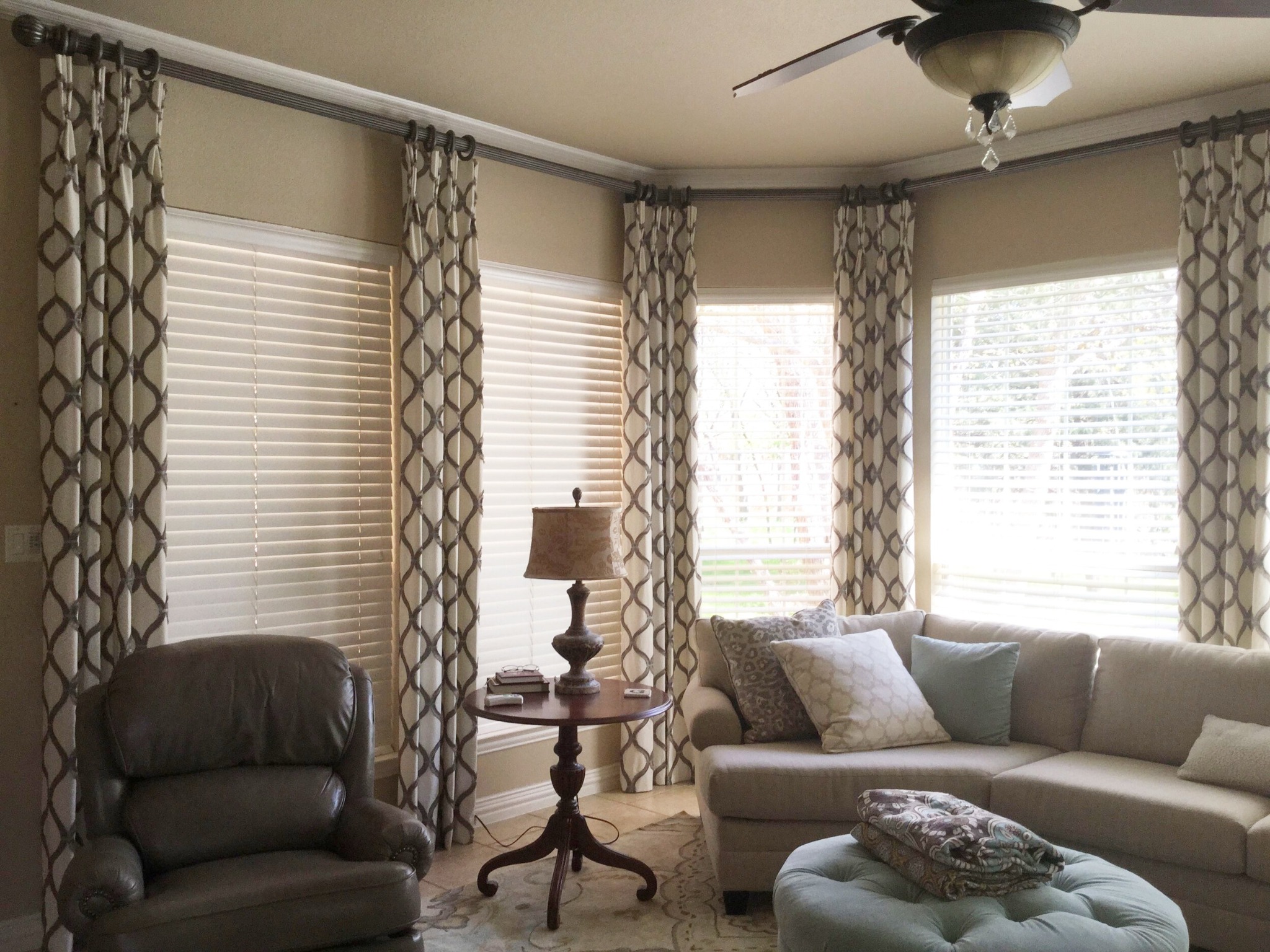Wood blinds in modern kitchen and dining area
